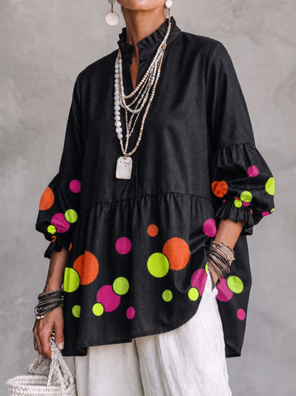 Split-Joint Ruffle Trim Polka-Dot Contrast Color Buttoned Three-quarter Sleeves Puff Sleeves Mock Neck Blouses&shirts Tops