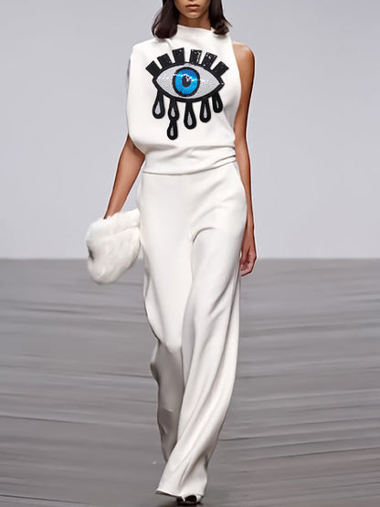 Applique Asymmetric Embroidered Figure Mock Neck Blouses&shirts Tops