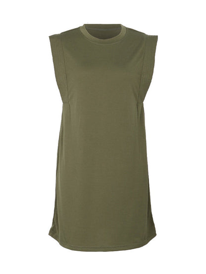 Mini-robes trapèze amples à col rond et fentes de couleur unie 