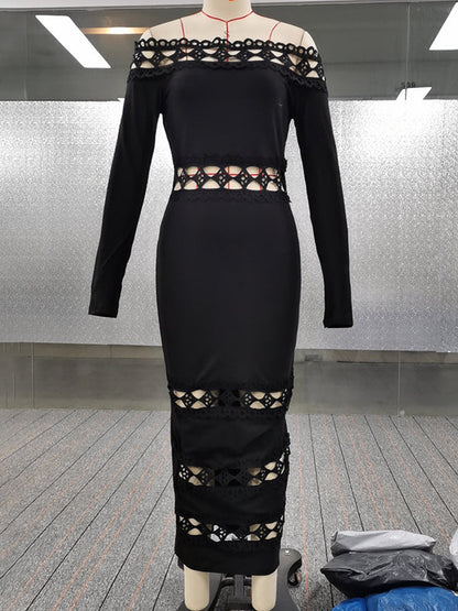 Bodycon Long Sleeves Hollow Solid Color Split-Joint Off-The-Shoulder Midi Dresses