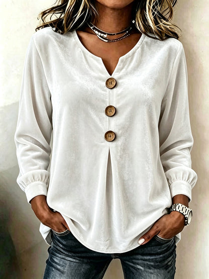 Velvet Solid Color Pleated Buttoned Loose Long Sleeves V-neck T-Shirts Tops
