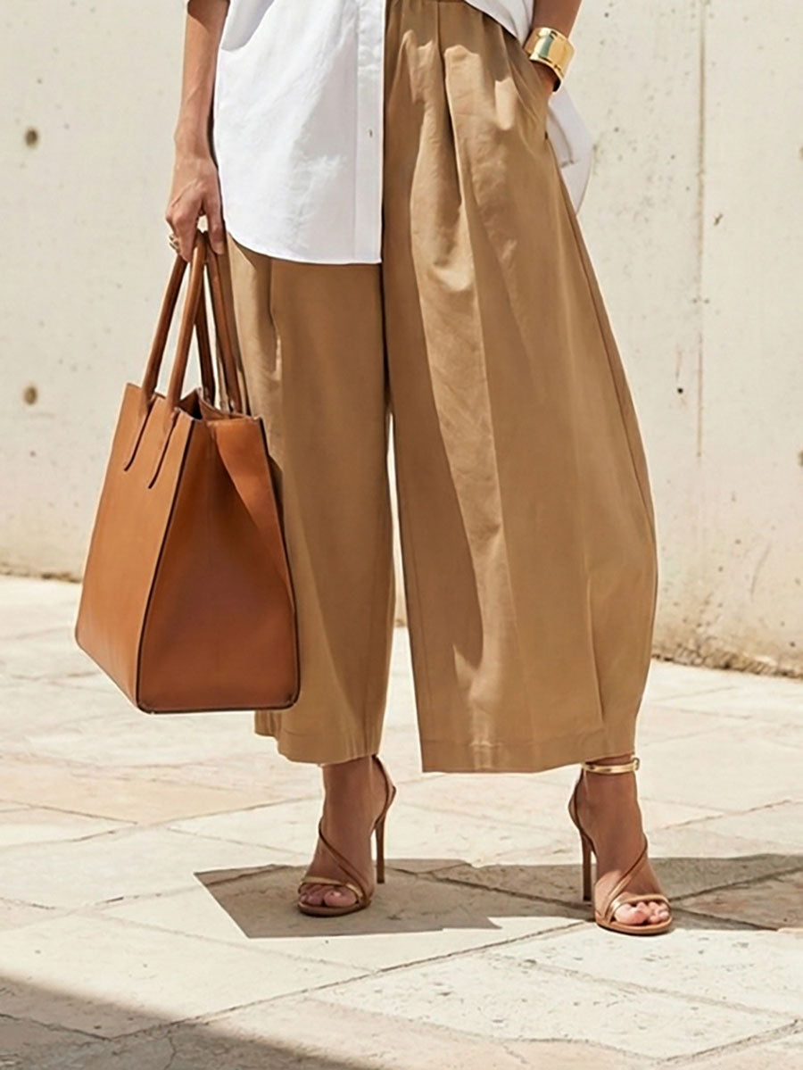 Solid Color Pockets Pleated Wide Leg Loose Pants
