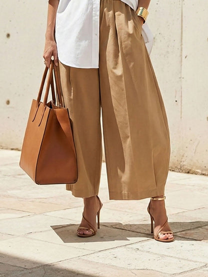 Solid Color Pockets Pleated Wide Leg Loose Pants