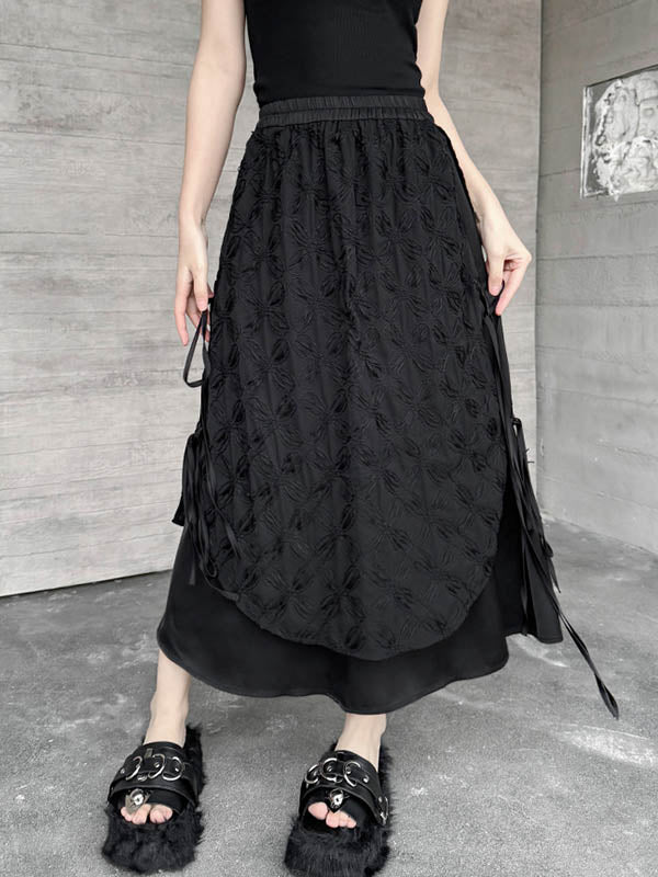 Solid Color Split-Joint Asymmetric Drawstring Flower Print   False Two Lapel Buttoned Pockets Blouses&Shirts Tops + Elasticated Waist Double Layered Skirts Bottoms Two Pieces Set