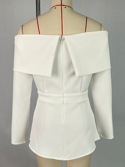 Long Sleeves Loose Pleated Solid Color Split-Front Off-The-Shoulder Blouses&Shirts Tops