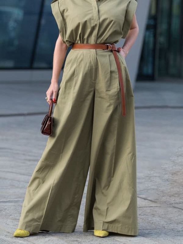 High Waisted Loose Belted Buttoned Pockets Solid Color Lapel Jumpsuits