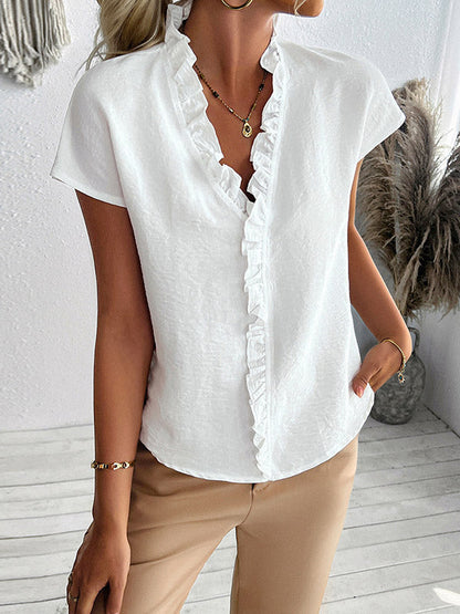 Loose Short Sleeves Ruffle Trim Solid Color V-Neck Blouses&Shirts Tops