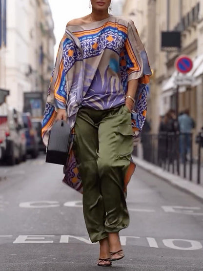 Batwing Sleeves Half Sleeves Contrast Color Printed One-shoulder Blouses&shirts Tops
