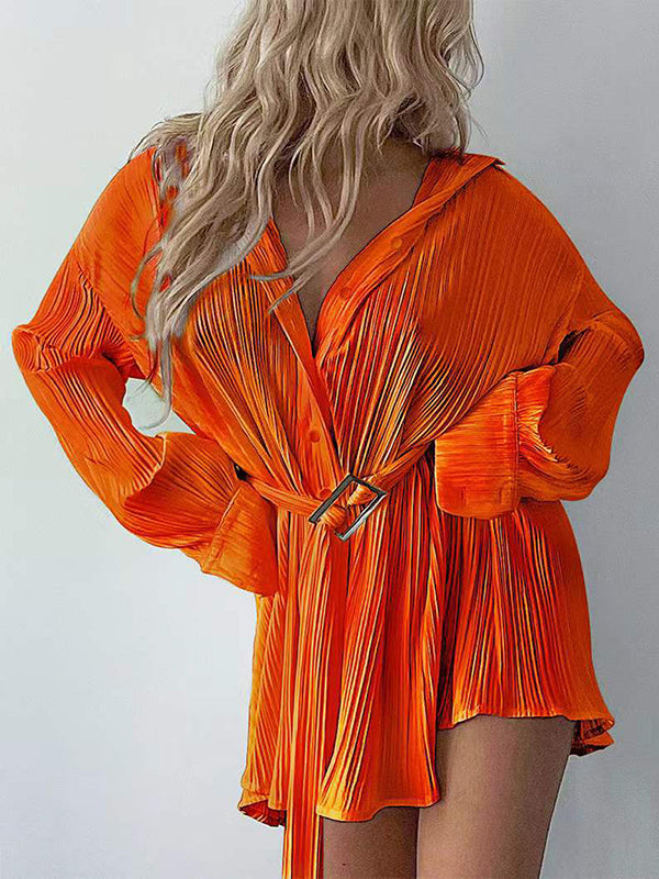 Long Sleeves Buttoned Pleated Solid Color Tied Waist Lapel Mini Dresses Shirt Dress