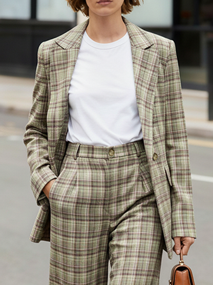 Long Sleeves Loose Buttoned Plaid Pockets Lapel Blazer Outerwear