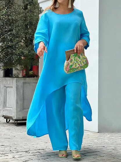 Asymmetric Solid Color High Waist High-Low Round-Neck Tops + Wide Leg Pants Bottoms Two Pieces Set