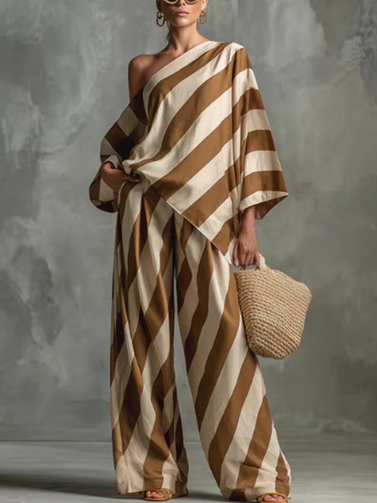 Contrast Color Split-Joint Striped Batwing Sleeves One-Shoulder Blouses&Shirts Tops + High Waisted Pockets Trousers Pants Two Pieces Set