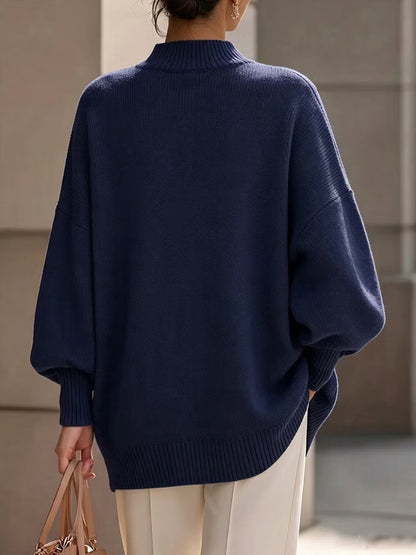 Solid Color Ribbed Buttoned Asymmetric Loose Long Sleeves Mock Neck Sweater Tops Pullovers