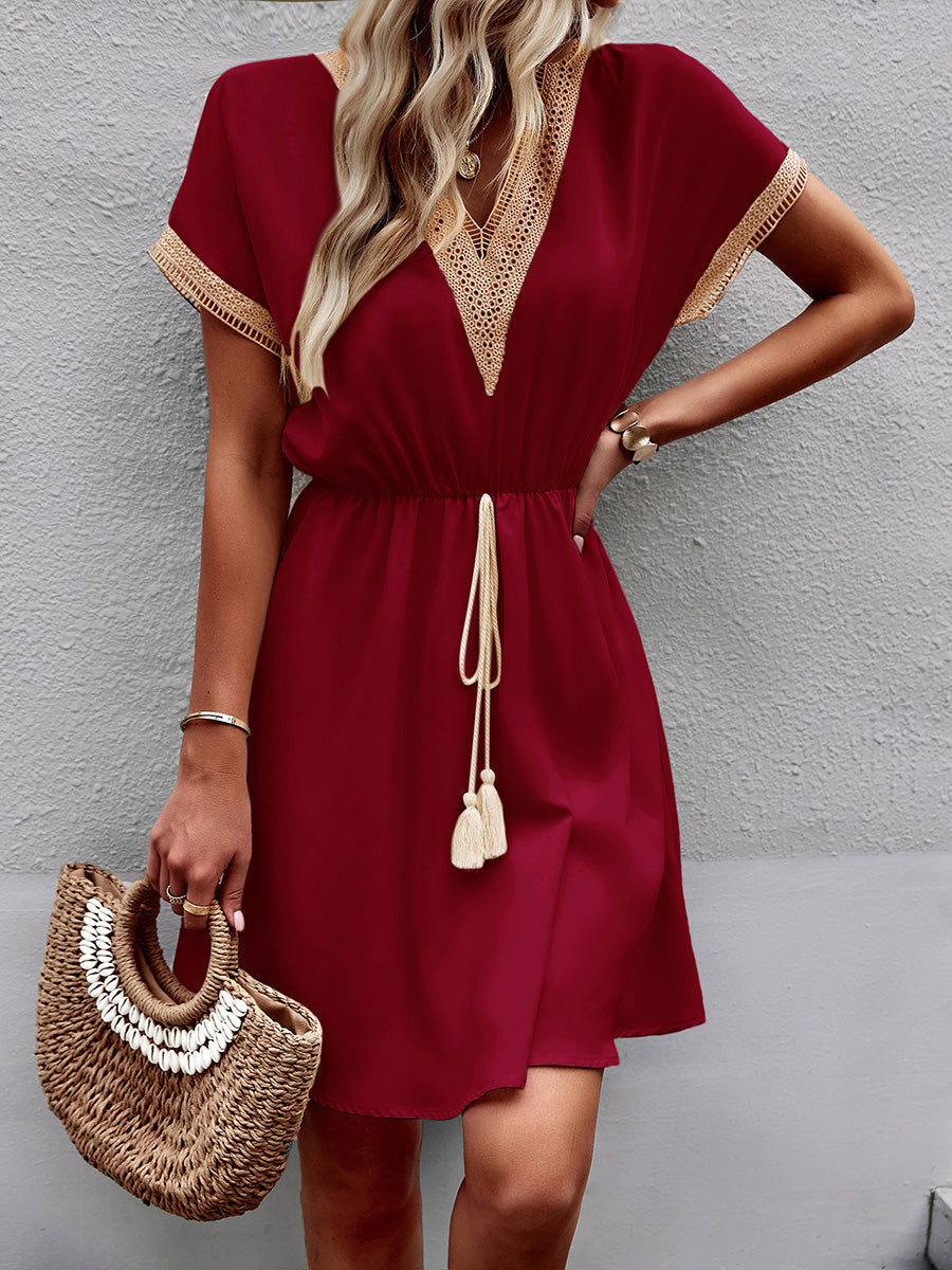 A-Line Elasticated Waist Contrast Color Drawstring Hollow Split-Joint Tasseled Tied V-Neck Mini Dresses