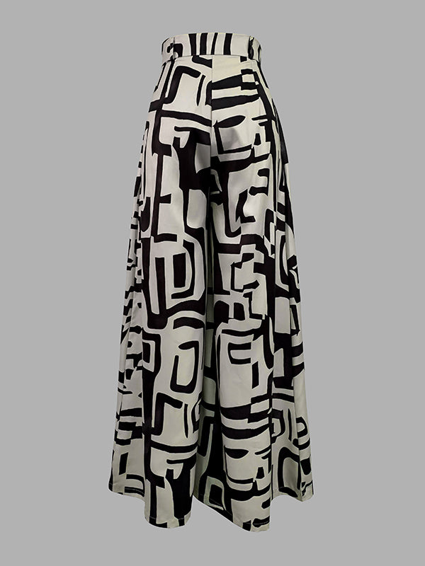 High Waisted Loose Pleated Printed Split-Joint Pants Trousers