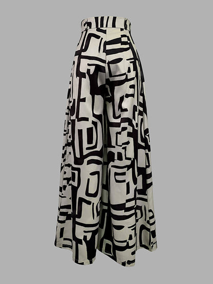 High Waisted Loose Pleated Printed Split-Joint Pants Trousers
