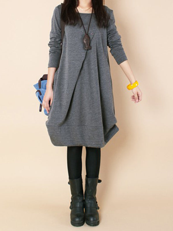 A-line Long Sleeves Pleated Solid Color Round-neck Dresses Maxi Dresses