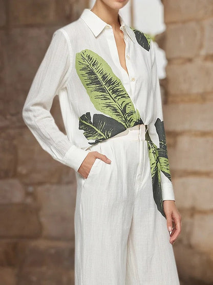 Long Sleeves Buttoned Leaves Print Lapel Blouses&Shirts Tops