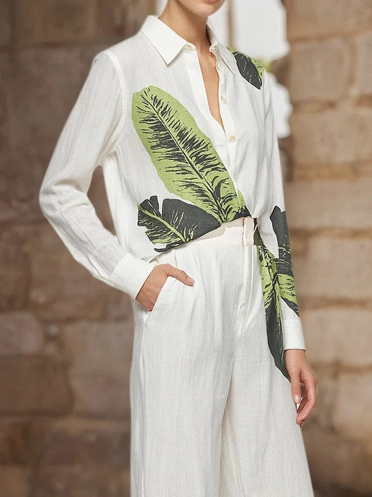 Long Sleeves Buttoned Leaves Print Lapel Blouses&Shirts Tops
