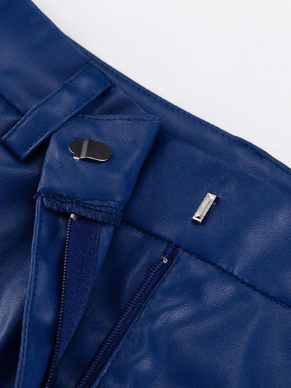 Pantalon slim taille haute en PU, couleur unie, coupe droite 