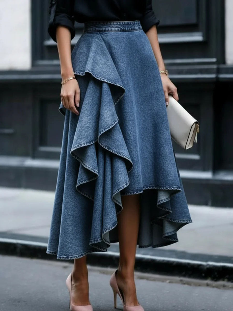 A-Line High Waisted Pleated Ruffled Solid Color Skirts Bottoms