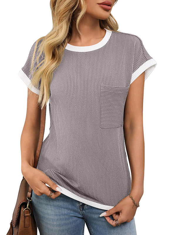 Loose Short Sleeves Colorful Contrast Color Pockets Round-neck T-Shirts Tops