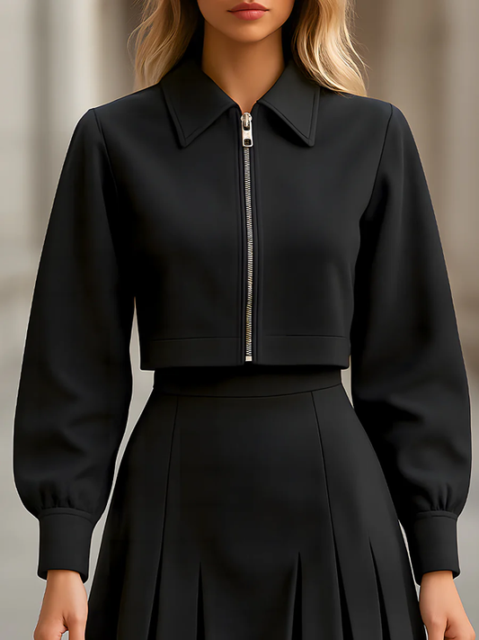 Long Sleeves Solid Color Zipper Lapel Outerwear