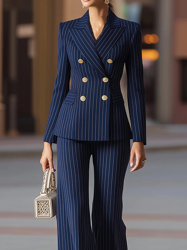 Long Sleeves Buttoned Pockets Striped Notched Collar Blazer Outerwear