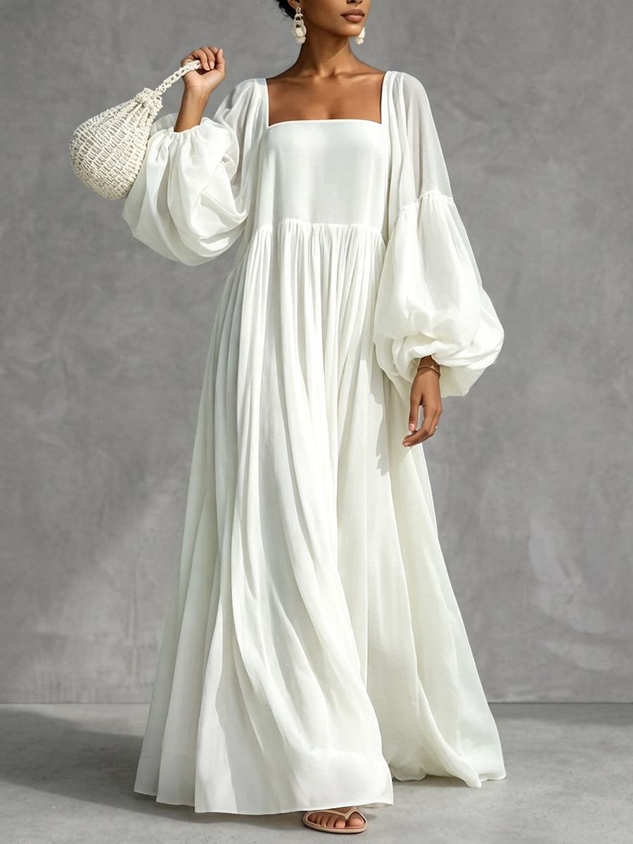 Zipper Split-Joint Solid Color Elasticity Backless Puff Sleeves Loose Square-neck Maxi Dresses