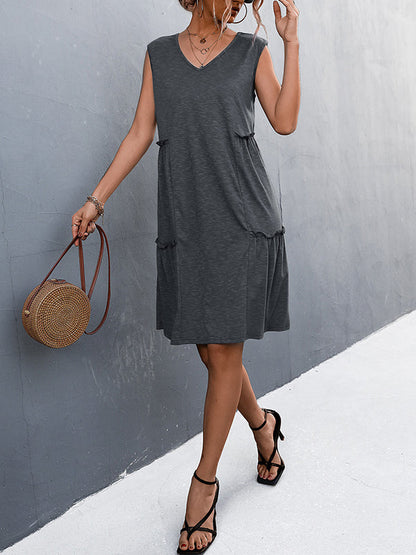 A-line Loose Pleated Solid Color Split-Joint V-neck Midi Dresses