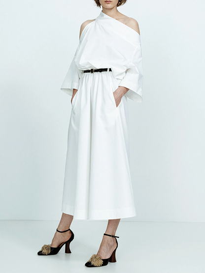 Long Sleeves Loose No Belt Solid Color Off-The-Shoulder Midi Dresses