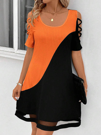 A-Line Loose Contrast Color Hollow Mesh Split-Joint Cold Shoulder Mini Dresses