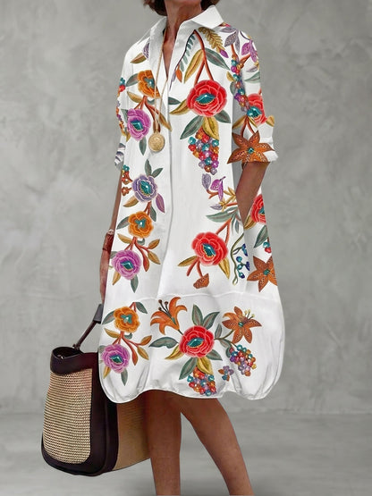 A-Line Half Sleeves Buttoned Contrast Color Flower Print Pockets Lapel Midi Dresses Shirt Dress