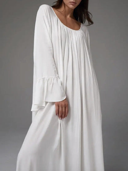 A-Line Flared Sleeves Pleated Solid Color Split-Joint Round-Neck Maxi Dresses