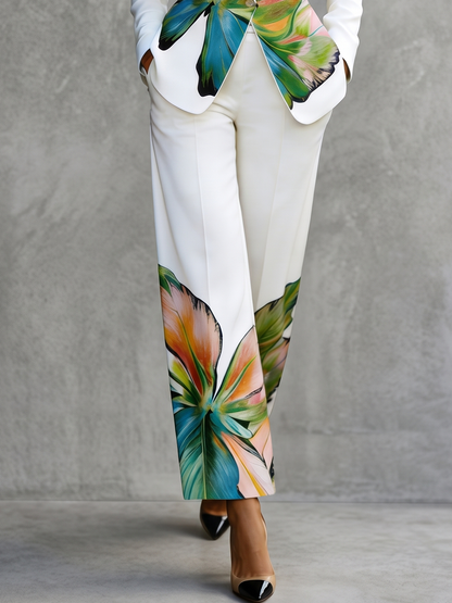 Pockets Flower Print High Waisted Trousers Pants