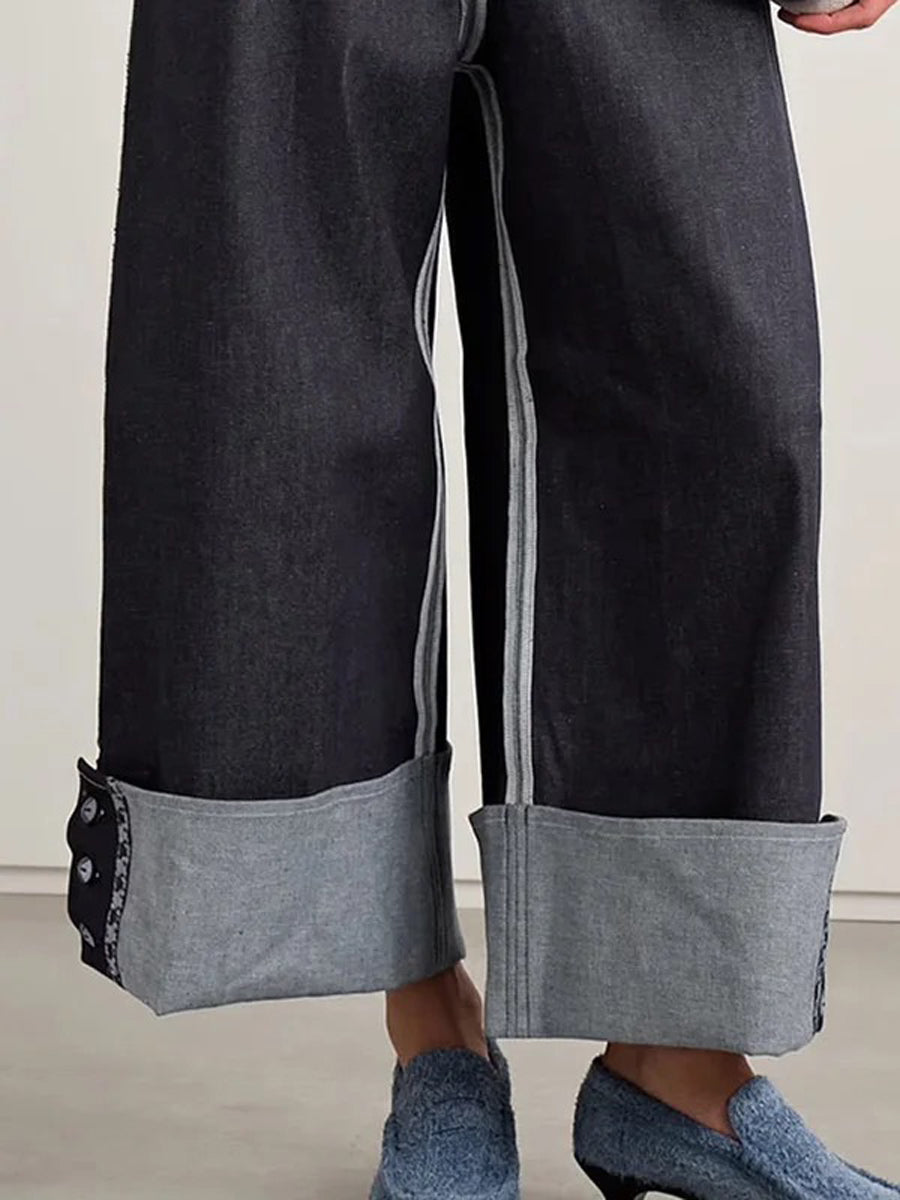 Wide Leg Buttoned Contrast Color Pockets Jean Pants Bottoms