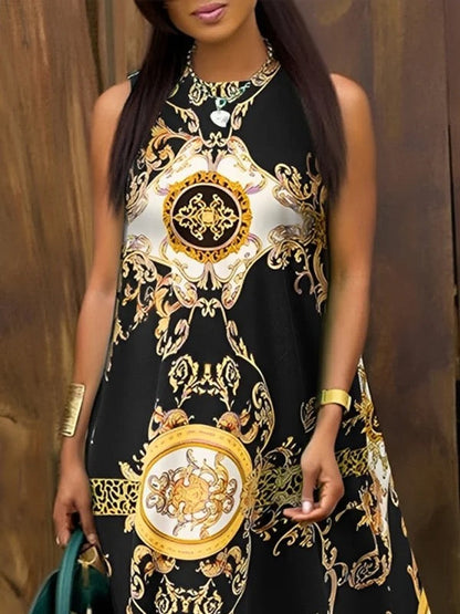 A-Line Sleeveless Contrast Color Pockets Round-Neck Midi Dresses