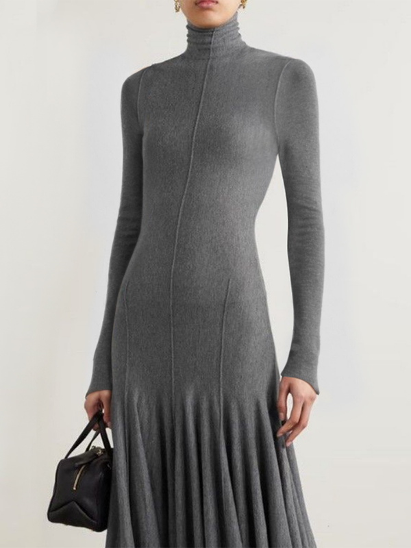 Long Sleeves Skinny Solid Color High Neck Maxi Dresses
