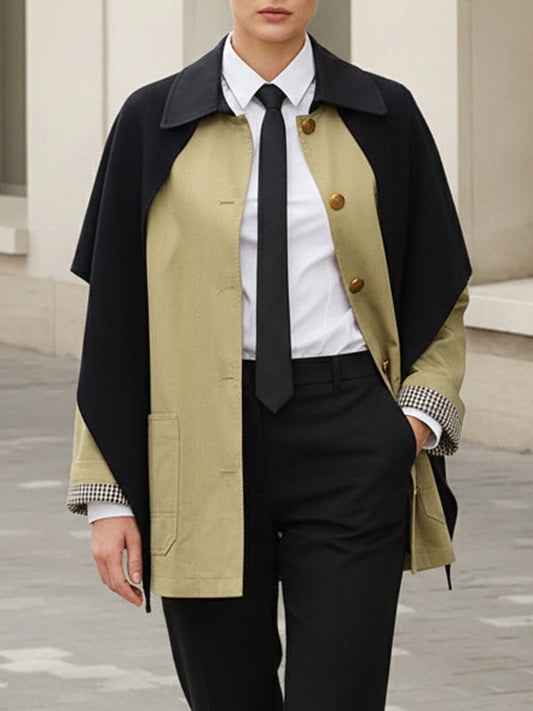 Long Sleeves Buttoned Contrast Color Pockets Lapel Jackets Outerwear With Shawl