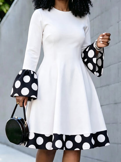 Zipper Split-Joint Polka-Dot Contrast Color Long Sleeves High Waisted Round-neck Midi Dresses