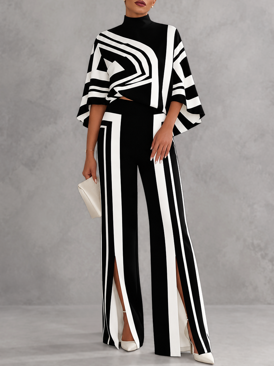 Striped Split-front Contrast Color Wide Leg High Waisted Trousers Pants