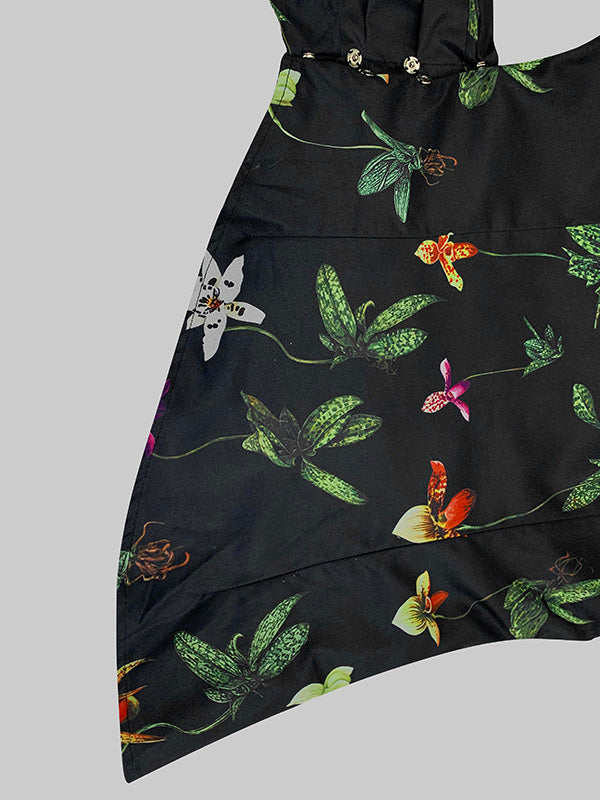 Long Sleeves Loose Asymmetric Flower Print Split-Joint Lapel Blouses&Shirts Tops