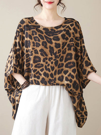 Batwing Sleeves Loose Leopard Round-Neck T-Shirts Tops