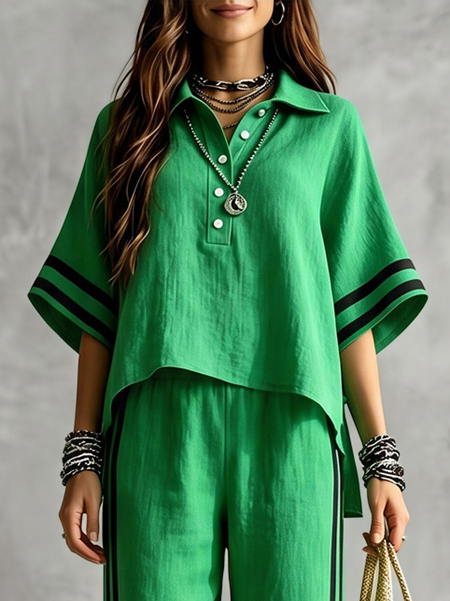 Striped Split-side Contrast Color Buttoned Loose High-low Lapel Blouses&shirts Tops