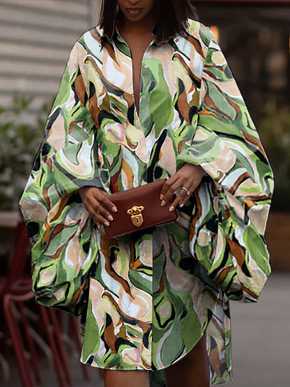 Lange Ärmel, lockere, geknöpfte Elastizität, bedrucktes Revers, Midi-Kleid, Hemdkleid 