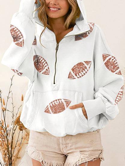 Zipper Split-Joint Ribbed Printed Pockets Drawstring Loose Long Sleeves Hooded Sweater Pullovers
