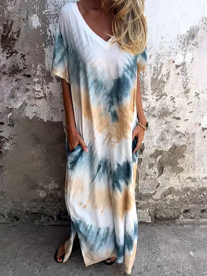 A-Line Loose Contrast Color Pockets Tie-Dyed V-Neck Maxi Dresses