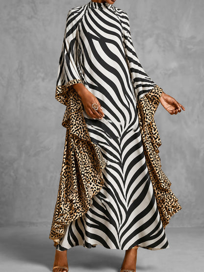 Zipper Zebra Printed Leopard Loose Batwing Sleeves Mock Neck Maxi Dresses
