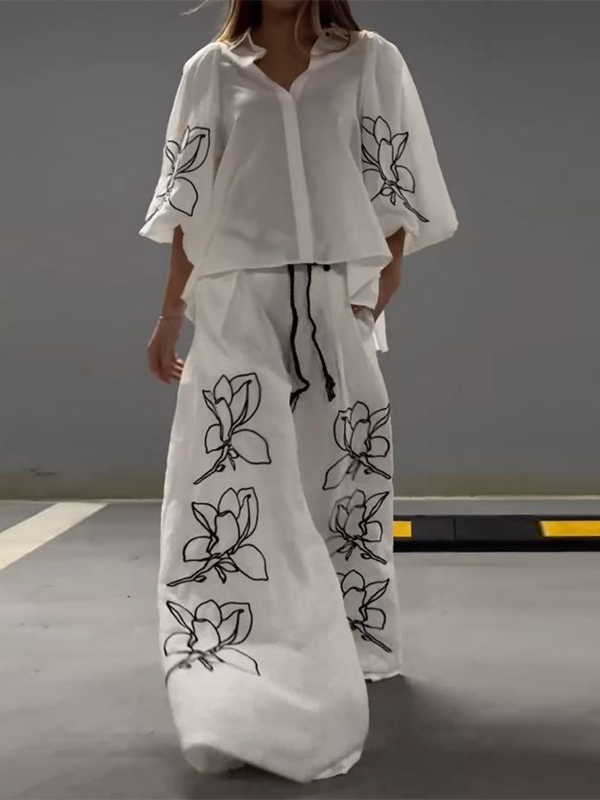 Loose Three-Quarter Sleeves Buttoned Flower Print Lapel Blouses&Shirts Tops