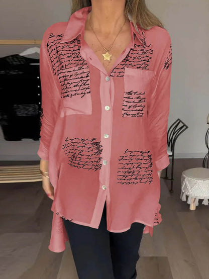 High-Low Long Sleeves Contrast Color Letter Print Pockets Lapel Blouses&Shirts Tops